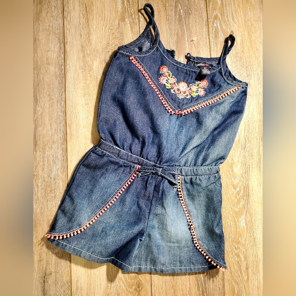 Limited Too  Blue Denim Romper with Bright Pink Floral Embroidery Size 3T